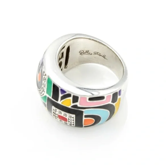 Belle Etoile Silver Enamel Mosaic Geometric Art Deco Motif Ring Size 6.5